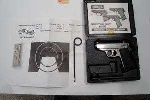 lot 3 image: WALTHER 380-ACP, PPKS, Stainless Steel (James Bonds Carry) Pistol In Hard Case With 2-Clips, Cleaning Rod And Manual