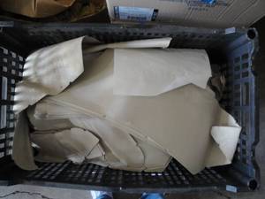 lot 84 image: LOT- Tote Of Soft Leather Pieces, Mixed Sizes And Colors,  About- 20 x 12 x 10-H