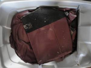 lot 96 image: LOT- Large Tote Of Soft Leather Pieces, Mixed Sizes And Colors,  About- 26 x 19 x 15-H