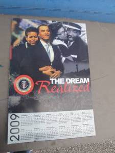 lot 112 image: Unframed-2009 THE DREAM REALIZED  Calander Poster, President Obama And First Lady  And Martin Luther King And Wife