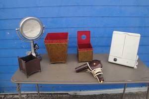 lot 116 image: Lot Of Mixed Bathroom Items, Lighted Mirrors, 1-Nees Bulb, Blow Dryers, And Etc. See Photos