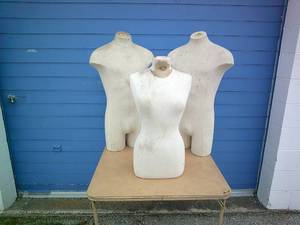 lot 4 image: 3-Cloth Covered Dress Form Mannequin Torsos, 1-Female and 2-Male, All Need Cleaned. Note 3X Money