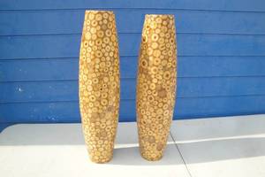 lot 40 image: 2-Z-Gallerie, GROVE- Design Glass Vases With Wood Overcoat, About 23-High, Note 2 x Money