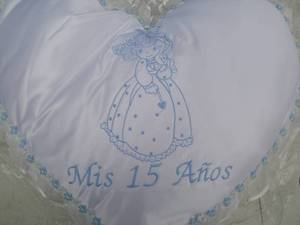 lot 55 image: NEW- White With Bule Letters, Satin Heart Pillow With Lace Trimmed, Mis 15 Anos (My 15 Years) Pillow, About 18 x 17