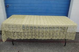 lot 61 image: 2- Samples- 1-Gold Sequined Lace, About 48 x 80 Table Cover And 1- 35 x 16 Chair Cover