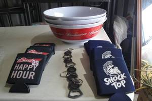 lot 75 image: Brewery Lot Including 3-12-Rd Budweiser Snack Bowls, Lot Of Different Koozies And Key Chains With Bottle Openers