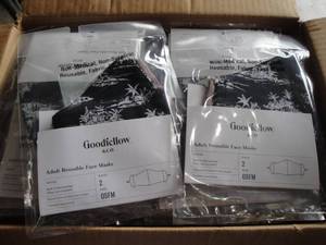 lot 79 image: Lot Of 23-Packs Of Adult Reusable Face Masks, 2-Per Pack, Non-Medical Fabric, New In Sealed Bags