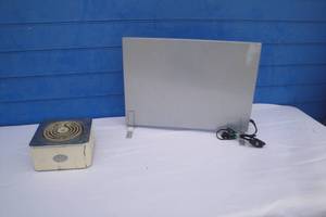 lot 100 image: Indus-Tool Under Desk Heater, Model CL-150, About 23 X 17-H And Vintage Dainty Maid  Electric Hot Plate