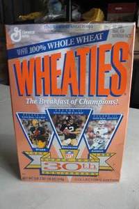 lot 107 image: Vintage- Collectible Wheaties Cereal Box. Dated Nov. 1996, Super Bowl 30-Th. Anniversary, 1967-1996