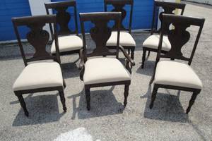 lot 1 image: Kaiser Furniture 9-Piece Extendable Dining Table Set, Table With 2-Leafs, And 6-Cloth Bottom Chairs (5-Side Chairs And 1-Arm Chair).