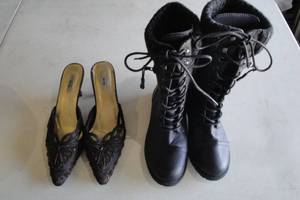 lot 132 image: Lot - 1-Pair Of Size 5 Lace-Up Daily ShowsBoots And 1-Pair Of Size 8 Brown Beaded Metro-7 Heels.