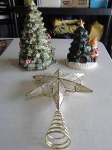 lot 157 image: 2-Tree Candle Holders 1-9 And 1-7 And 1-Golden Tone Tree Topper, About 7 x 10