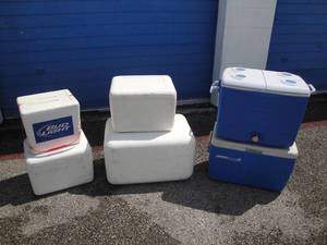 lot 176 image: Lot Of 6-Mixed Coolers  Ice Chest, 1-Rubbermaid, 1-Coleman And 4-Mixed Sizes Of Styrofoam