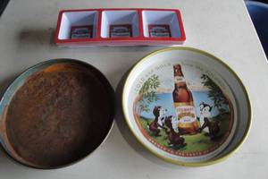 lot 187 image: Vintage Lot Including 1-13Rd -Metal Stegmaier And 1-12Rd -Pabst Blue Ribbon Beer Metal Beer Serving Trays And 4-Budweiser Snak Serving Trays