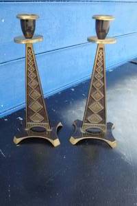 lot 265 image: Pair Of Vintage Israeli Candel Holders, Cast Brass, Needs Light Repair-See Photos