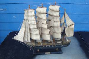 lot 268 image: Vintage- PAMIR Hand Crafted Wooden Sailing Ship Model On Base, About 19 x 17