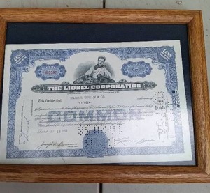 lot 4 image: Vintage StockBond Certificate for 15 Shares of The Lionel Corporation Dated September 16, 1958--Unique Item