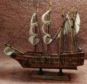 lot 12 image: Vintage Handmade Wooden Model Schooney Sailboat---Check this out