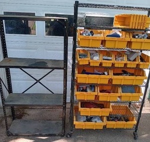 lot 40 image: 2 Metal Shelves With Contents--Please read description