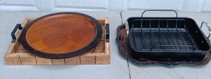 lot 25 image: Nice Selection of Kitchen Items Including Large Lazy Susan, Serving Trays and Pioneer Woman Turkey Cooker