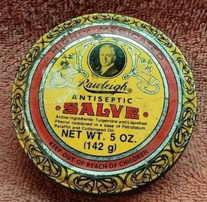 lot 55 image: Vintage Rawleighs Antiseptic Salve Burn Medicine Tin---Great Graphics