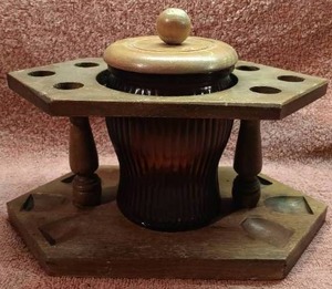 lot 56 image: MCM Dun-Rite Walnut Pipe Display with Amber Glass Tobacco Jar