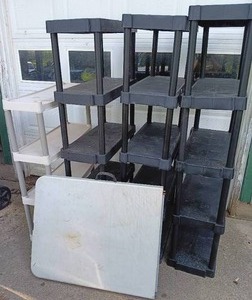 lot 112 image: 4 Plastic Stackable Shelves and One 6ft Foldable Table