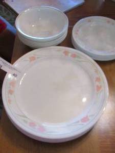 lot 40 image: Correlle bowls qty 6, pink flower Correlle saucers qty 8, pink floral Correlle dinner plates qty 8