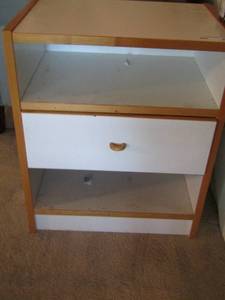 lot 59 image: White side table   1 DRAWER 252220, also has back compartment to store mailmagazines