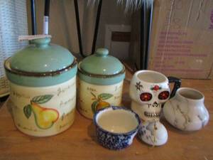 lot 47 image: fruit canisters- skull cup- blue bowl