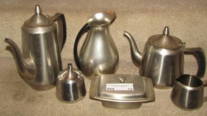 lot 12 image: aluminum serving drink set , tea pot, creamer, sugar, and more