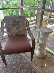 lot 147 image: WICKER PATIO CHAIR W  CHALK WHITE PLANT STAND