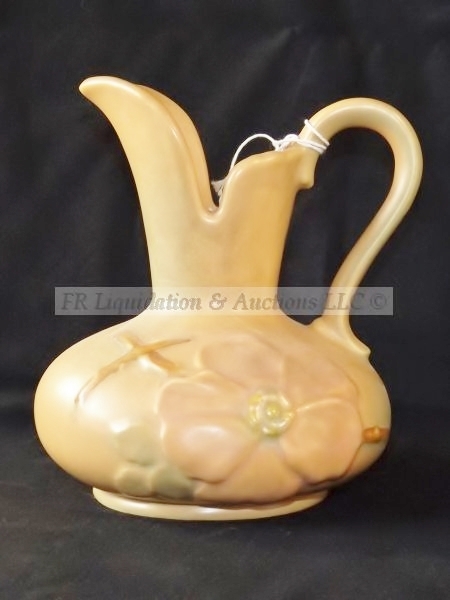 lot 19 image: Vintage Weller pottery Wild Rose one handled ewer in Matte Peach finish. 1920s