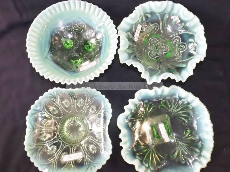 lot 40 image: Fenton blue and green opalescent ruffle edge bowls