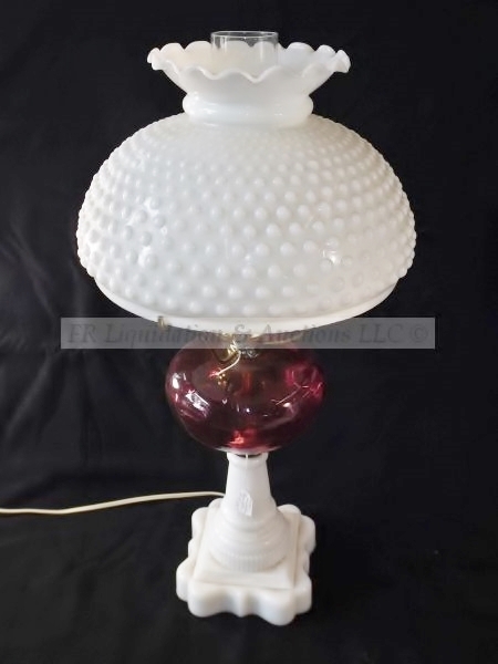 lot 41 image: Hobnail milk glass trophy base parlor lamp