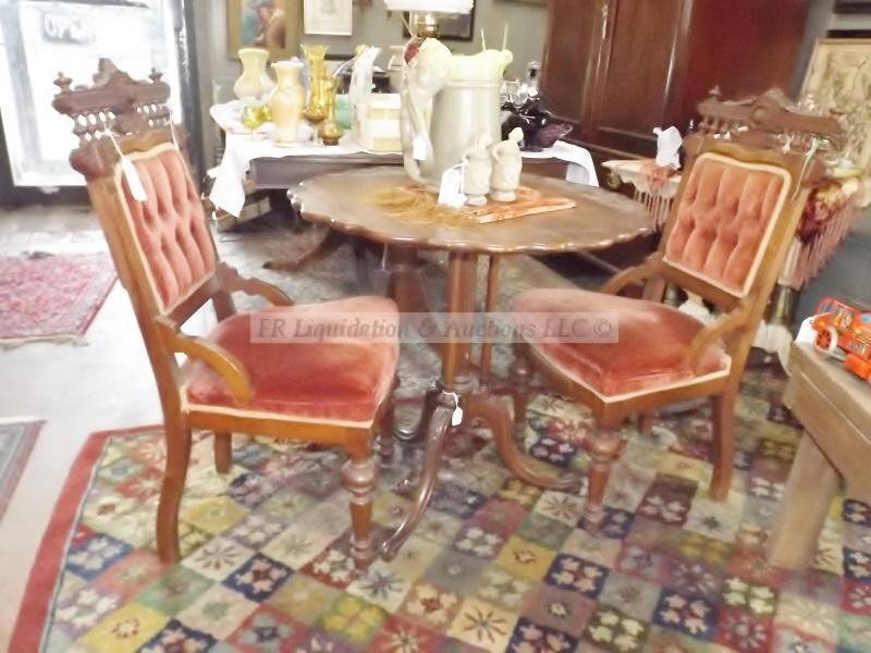 lot 46 image: Antique Victorian Imperial mahogany parlor chairs and Pie crust table