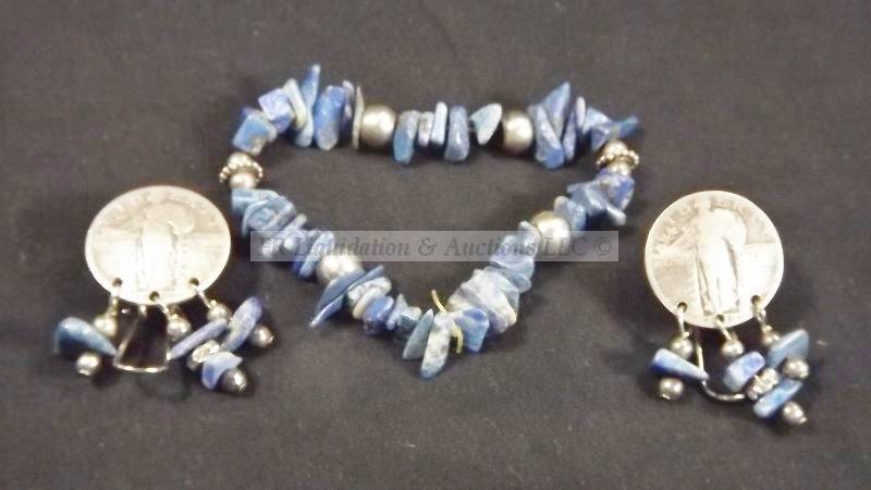 lot 819 image: Natural Lapis bracelet and standing liberty quarter earring set