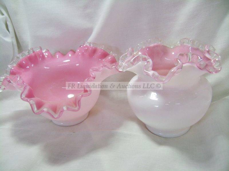 lot 261 image: Fenton Aqua Bowl Silver Crest Ruffled Edge Glass Pastel pink Overlay
