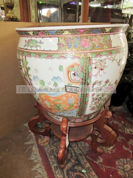 lot 215 image: Large Chinese ceramic fish bowl planter on traditional wood stand