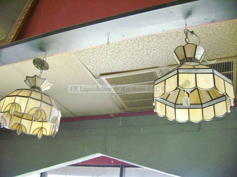 lot 347 image: Victorian Tiffany style stained glass hanging lamps