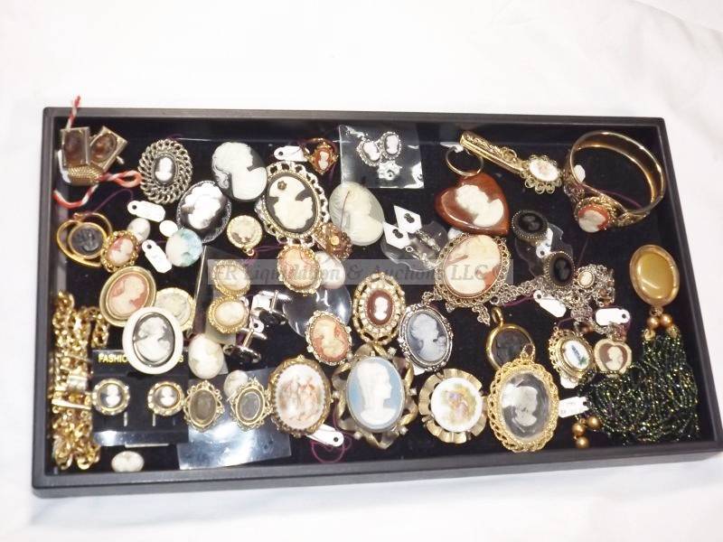lot 537 image: Cameo and cameo style fashion jewelry in riker tray