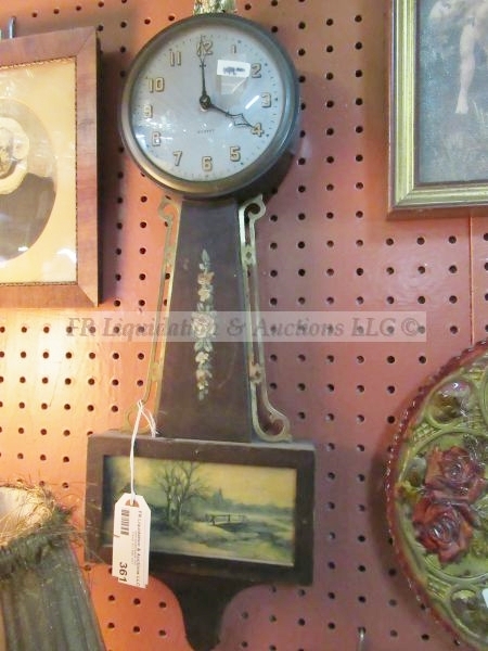 lot 361 image: Banjo clock with eagle finial & farm scene glass panel