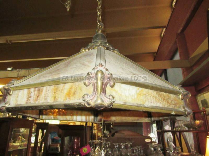 lot 378 image: Vintage brass and slag glass hanging lamp