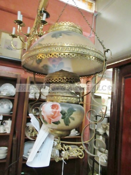 lot 380 image: Antique Pittsburg Larkin kerosene hanging lamp