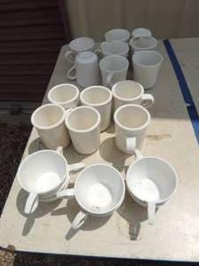 lot 366 image: Correlle coffee cups white x 8 white    HARD PLASTIC coffee cups x 6 and white tea cups x 6
