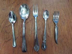 lot 311 image: Amsilco pickle fork , Oneida 188  baby Fork  Camellia silver-plate spoon  1847 Rodgers bros  . 1847 Rodgers bros. IS baby fork