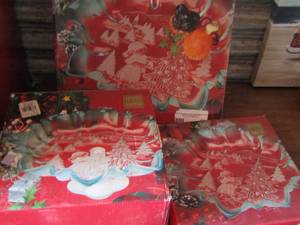 lot 22 image: Mikasa Christmas story platter 13 12 diameter- Mikasa ruffled platter 9 34- Mikasa Christmas story footed Bon Bon 9 34