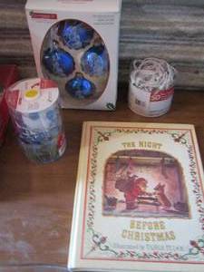 lot 30 image: Blue snowman ornaments qty 4- Night before Christmas book- blue frosted lights and blue ball ligths