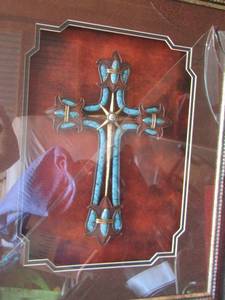 lot 18 image: Framed turquoise cross needs front glass repaired