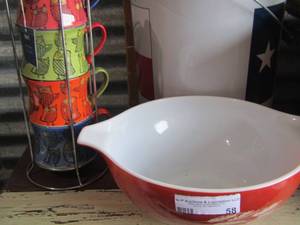 lot 58 image: Pier 1 owl coffee cups 4 with mug holder, Correlle salad bowl